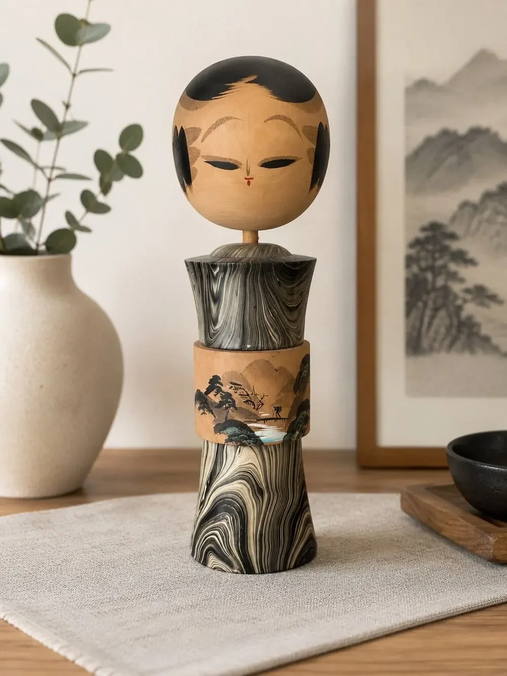 Vintage Japanese Kokeshi Doll Hand Painted Marbled Wood 13.5” Decor